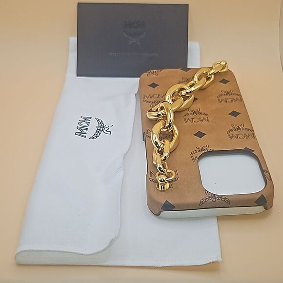 MCM Iphone 12 Pro case w/ gold chain handle . Dust bag and Card w/ box. - Picture 1 of 3